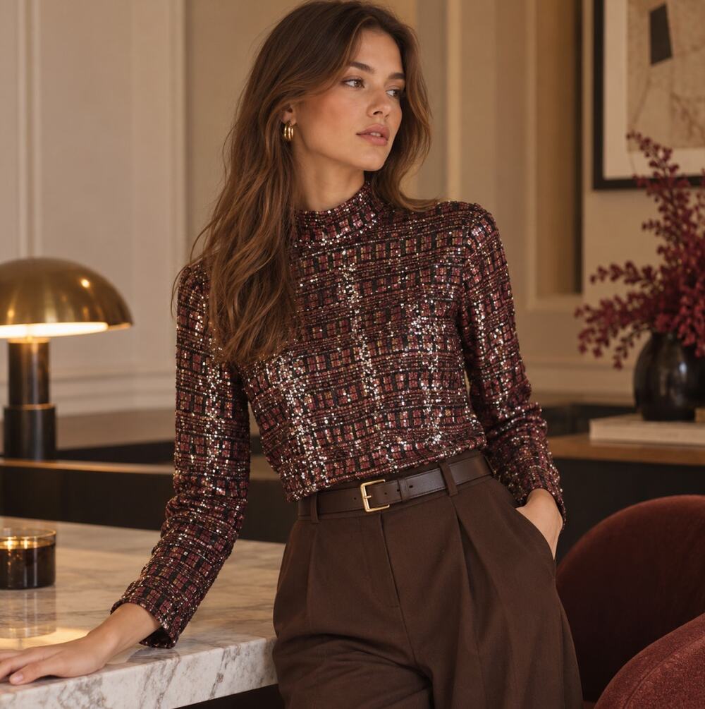 ZARA High Collar Sequin Geometric Top Red Orange Black {RR51}